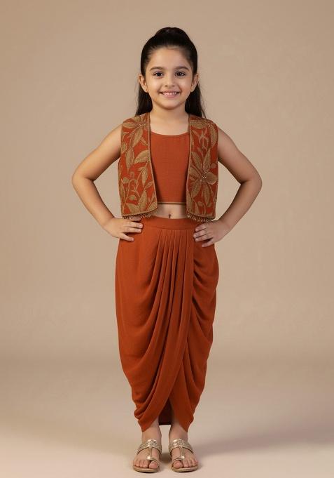 Rust Georgette Embroidered Fusion Set For Girls