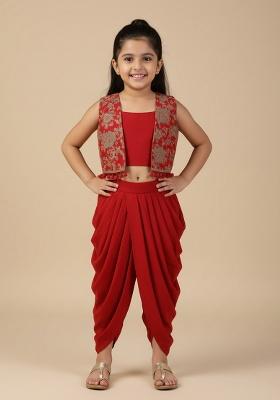 Red Georgette Embroidered Fusion Set For Girls