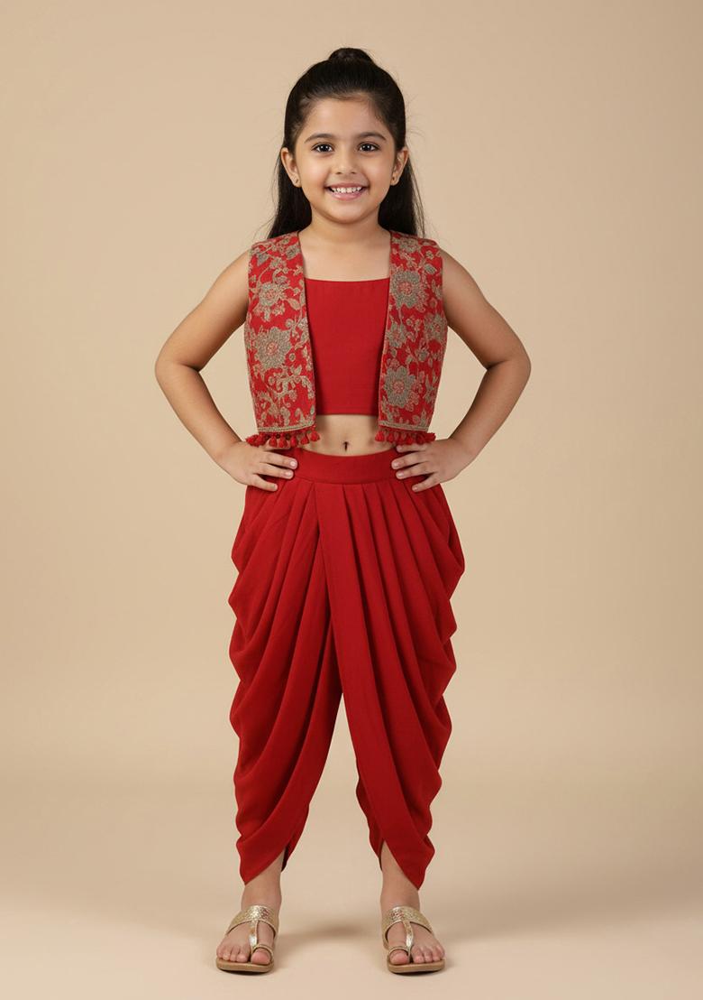 Red Georgette Embroidered Fusion Set For Girls