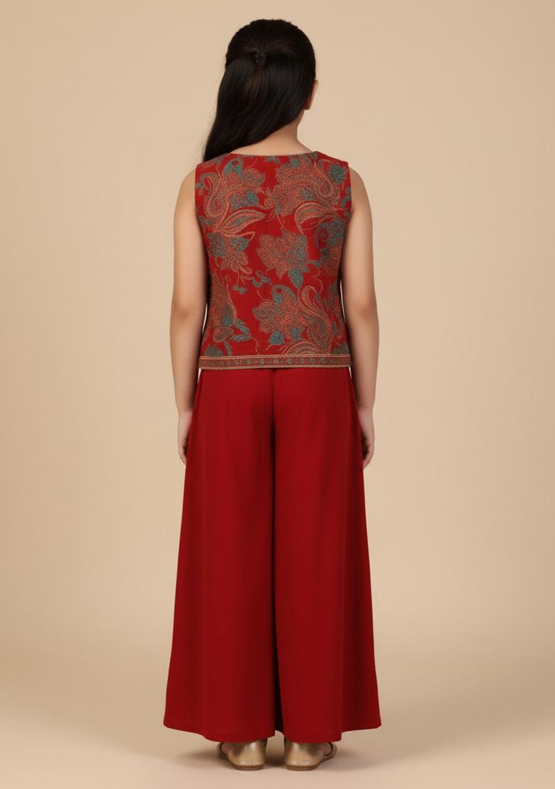 Red Georgette Embroidered Fusion Set For Girls - Indya