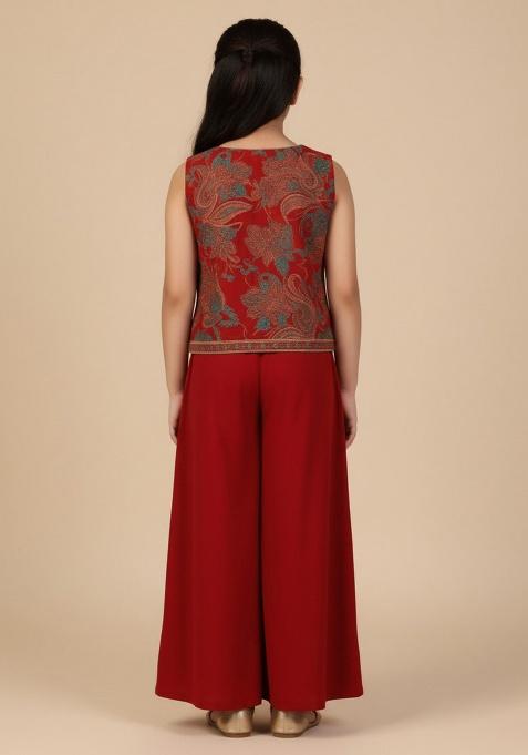 Red Georgette Embroidered Fusion Set For Girls