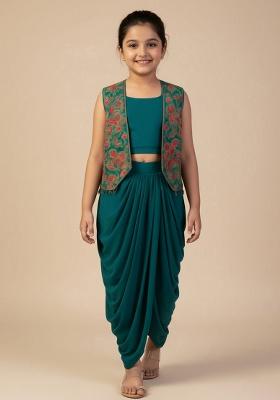 Rama Blue Georgette Embroidered Fusion Set For Girls