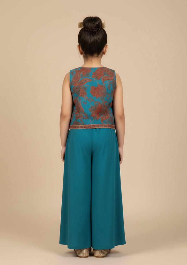 Rama Blue Georgette Embroidered Fusion Set For Girls - Indya