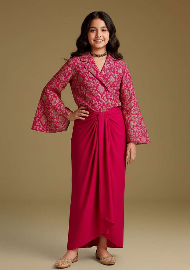 Pink Georgette Embroidered Fusion Set For Girls - Indya