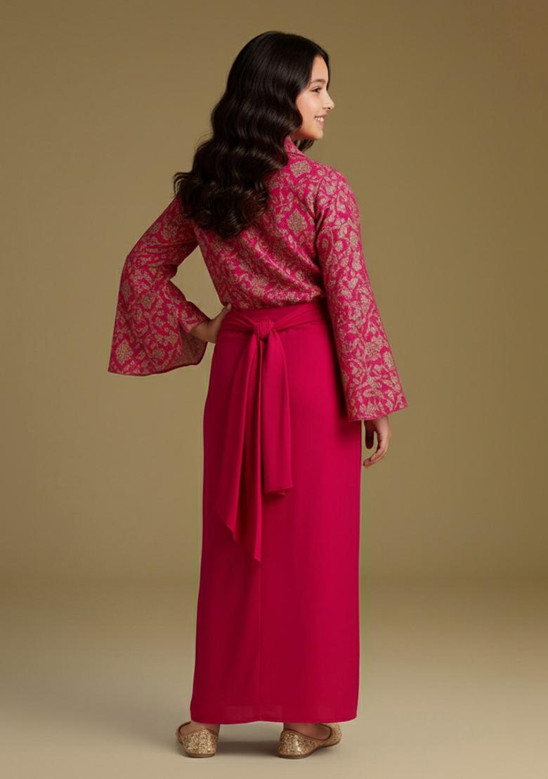 Pink Georgette Embroidered Fusion Set For Girls - Indya