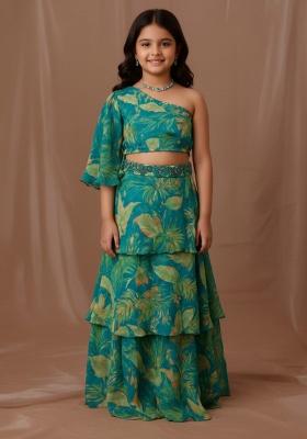 Blue Tissue Floral Print Fusion Set For Girls