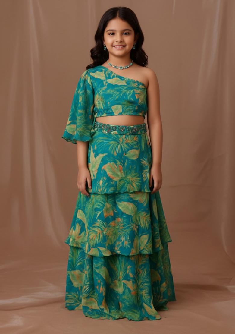 Blue Tissue Floral Print Fusion Set For Girls