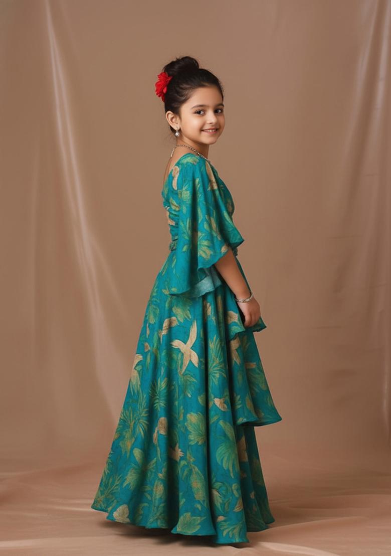 Blue Tissue Floral Print Fusion Set For Girls - Indya