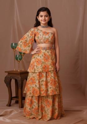 Orange Tissue Floral Print Fusion Set For Girls