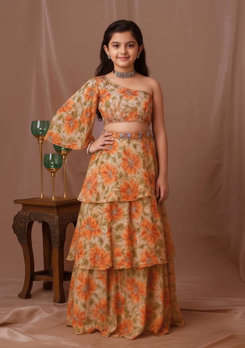 Orange Tissue Floral Print Fusion Set For Girls - Indya