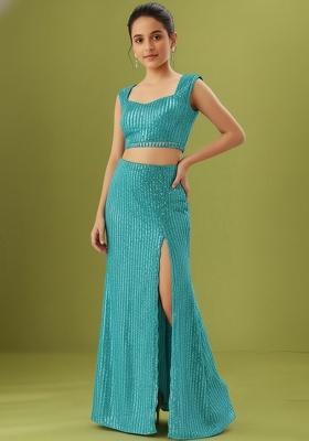 Blue Net Sequin Fusion Set For Girls