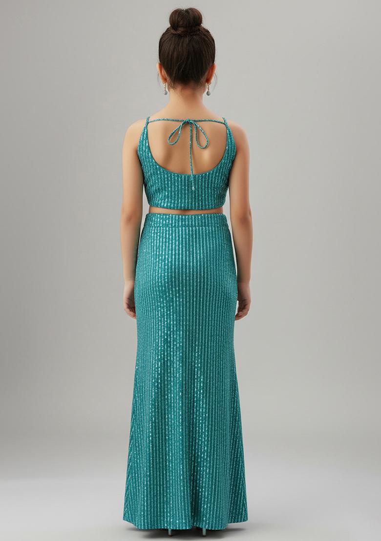 Blue Net Sequin Fusion Set For Girls - Indya