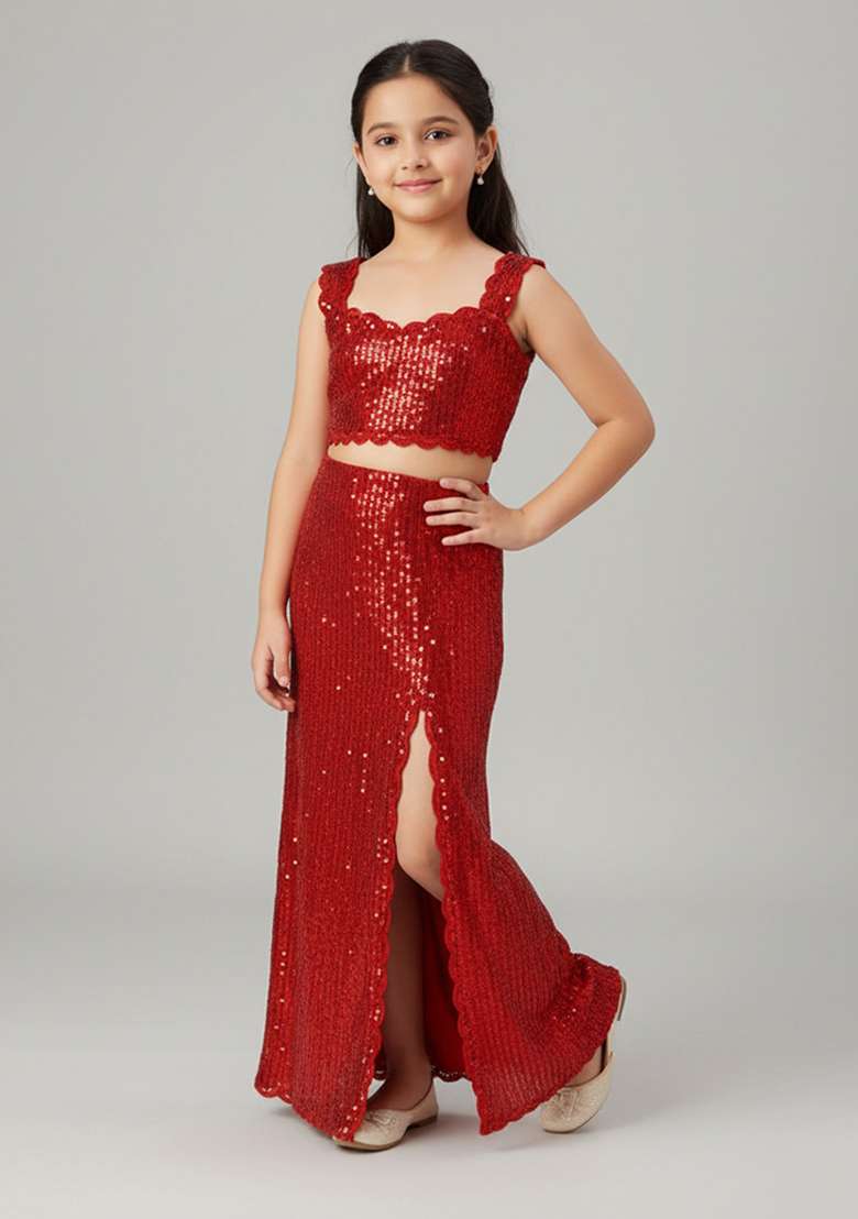 Red Net Sequin Fusion Set For Girls - Indya