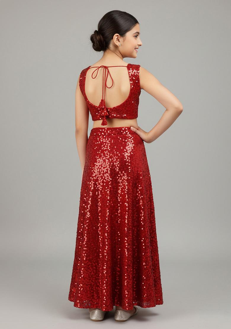 Red Net Sequin Fusion Set For Girls - Indya