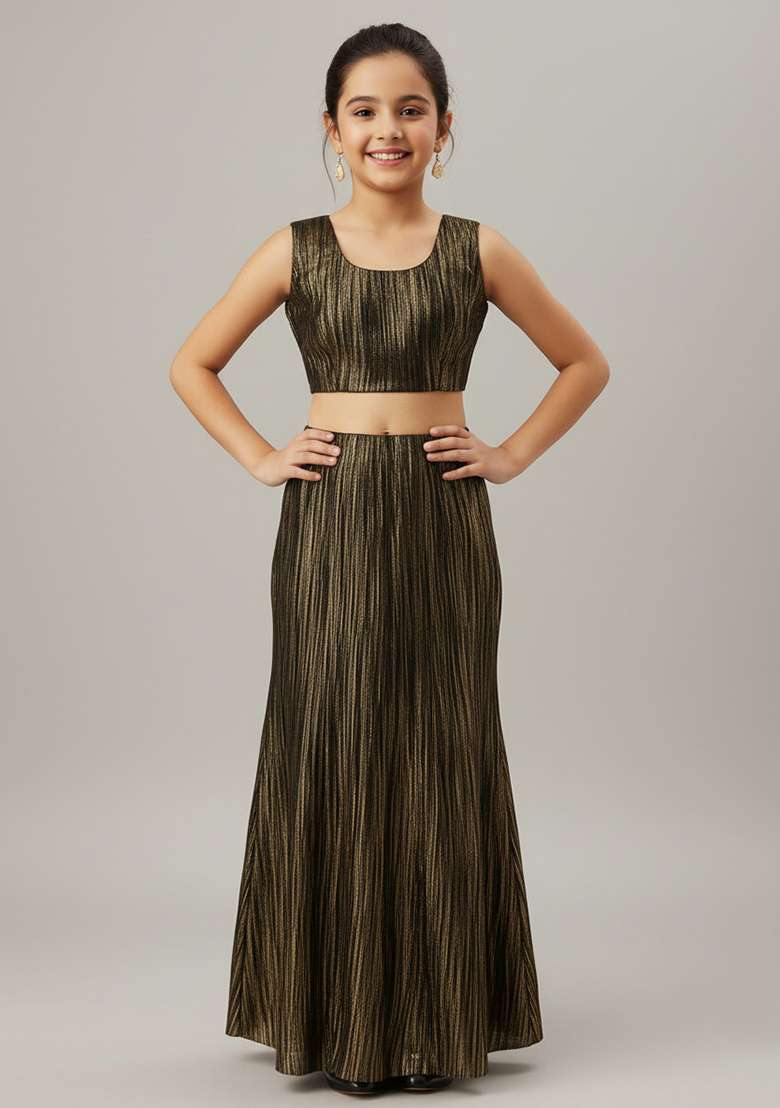Golden Net Embellished Fusion Set For Girls - Indya