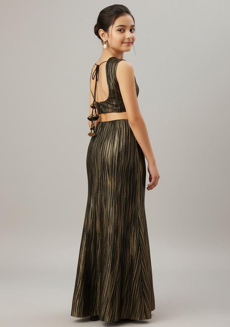 Golden Net Embellished Fusion Set For Girls - Indya