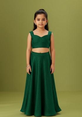 Bottle Green Net Embellished Fusion Set For Girls