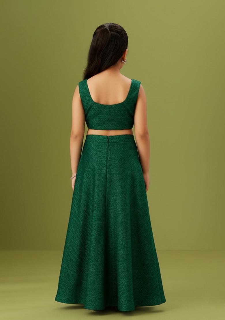 Bottle Green Net Embellished Fusion Set For Girls - Indya