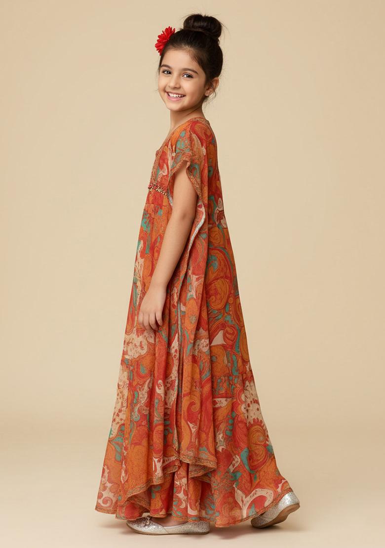 Multi Color Crepe Floral Print Fusion Set For Girls - Indya