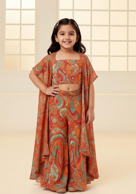 Multi Color Crepe Floral Print Fusion Set For Girls