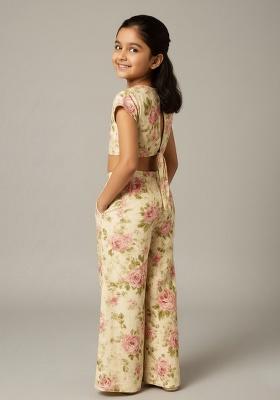 Off White Silk Floral Print Co-Ord Set For Girls