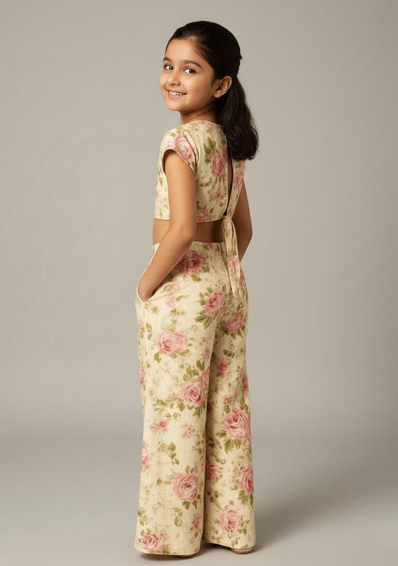 Off White Silk Floral Print Co-Ord Set For Girls