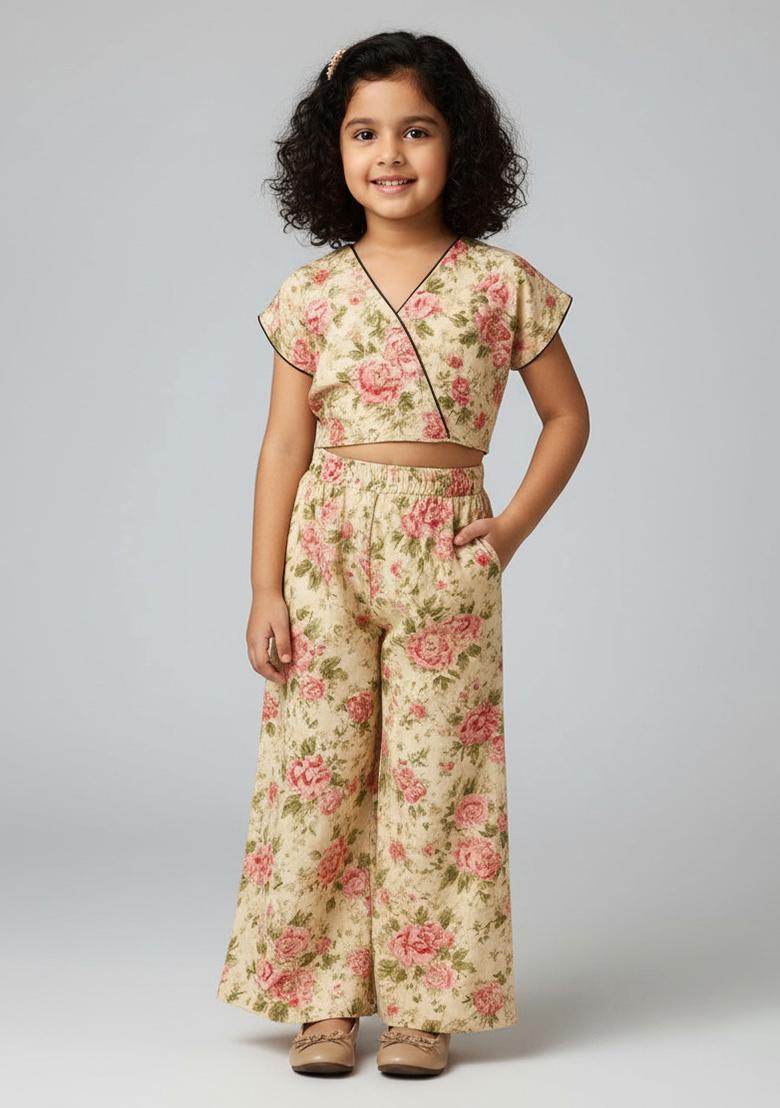 Off White Silk Floral Print Co-Ord Set For Girls - Indya
