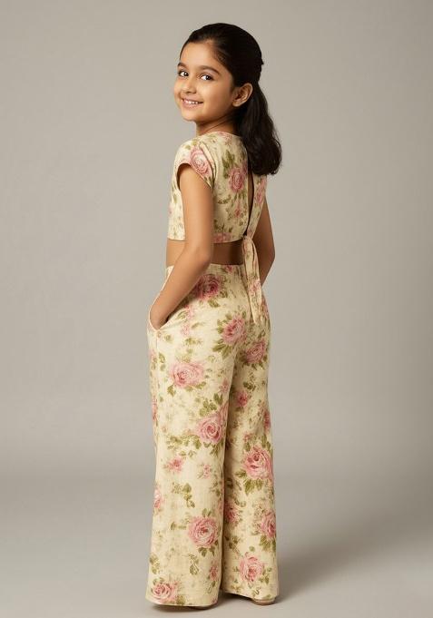 Off White Silk Floral Print Co-Ord Set For Girls