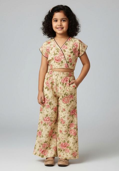 Off White Silk Floral Print Co-Ord Set For Girls