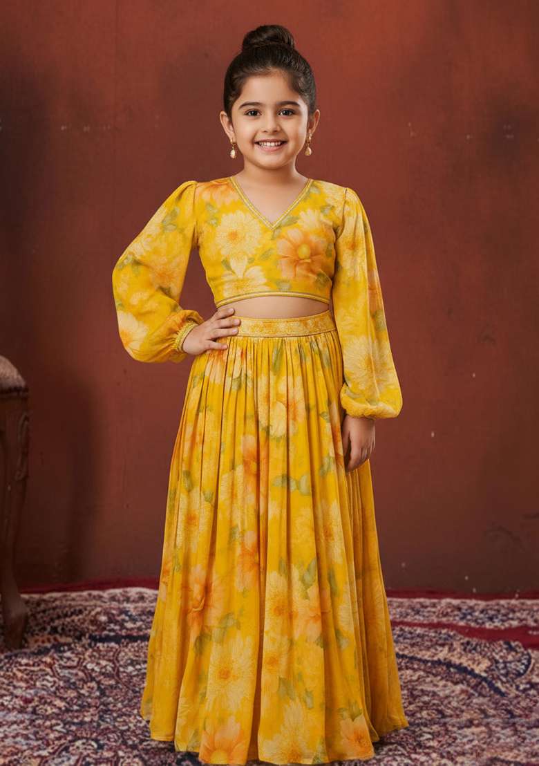Yellow Chiffon Floral Print Fusion Set For Girls - Indya