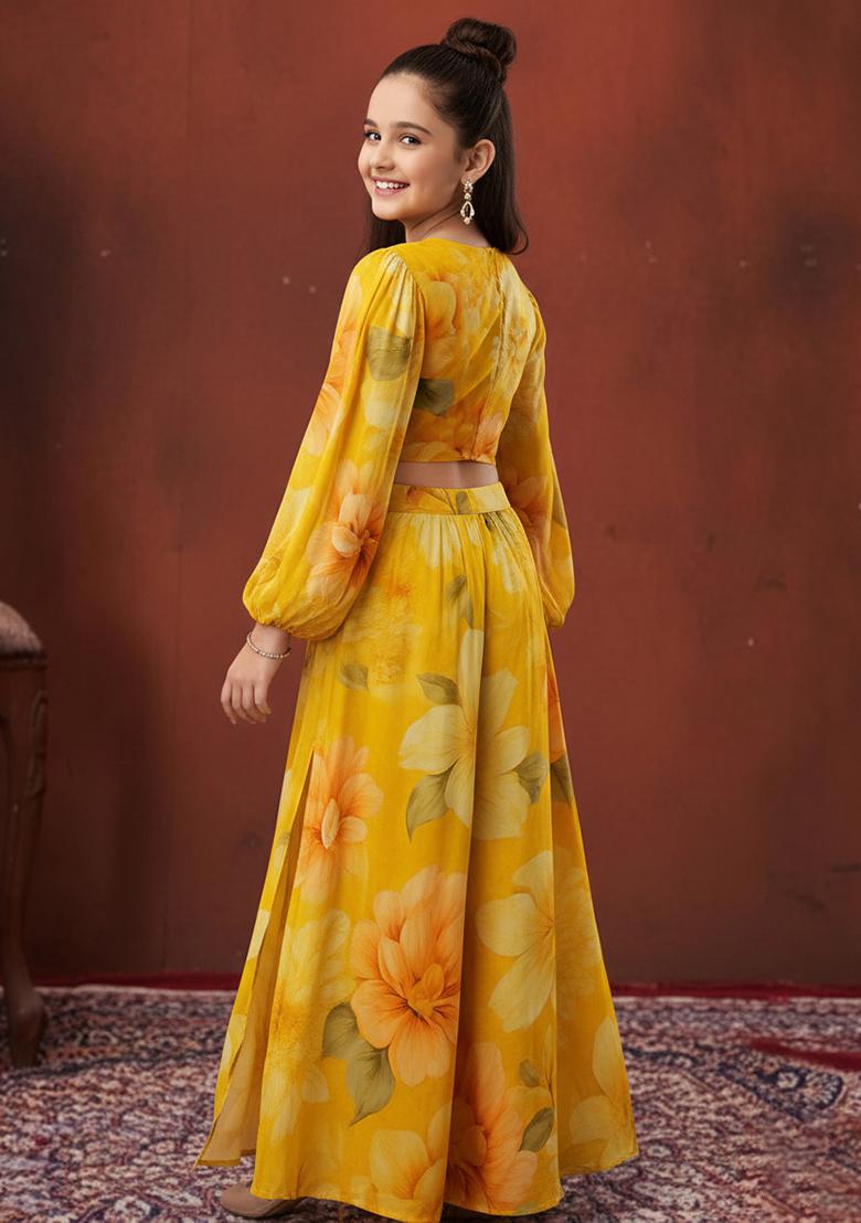 Yellow Chiffon Floral Print Fusion Set For Girls - Indya