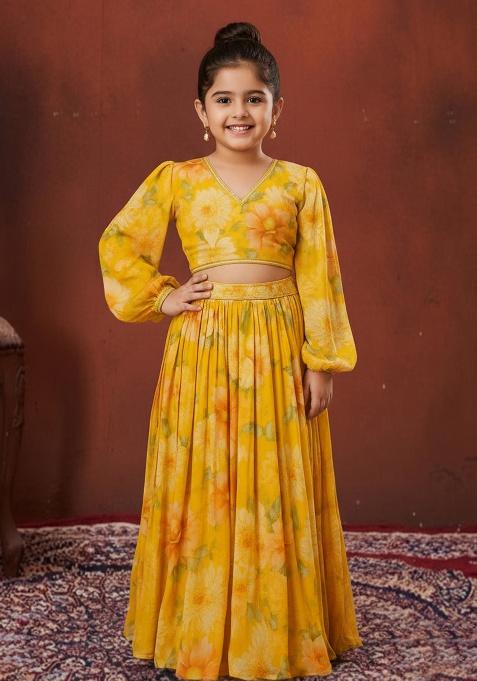 Yellow Chiffon Floral Print Fusion Set For Girls