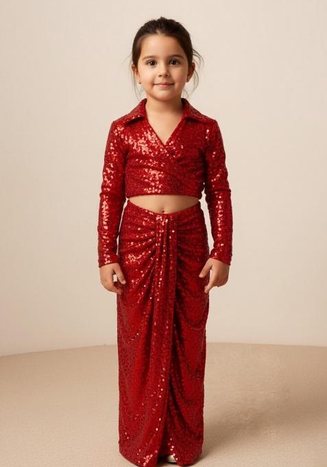 Red Net Sequin Fusion Set For Girls