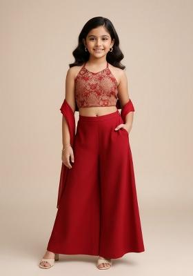 Red Georgette Embroidered Fusion Set For Girls