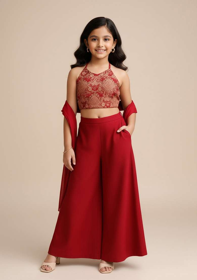 Red Georgette Embroidered Fusion Set For Girls - Indya