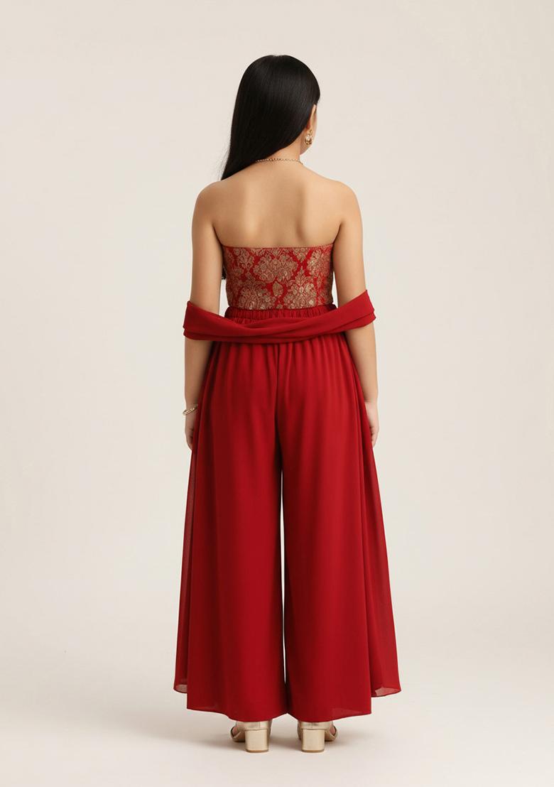 Red Georgette Embroidered Fusion Set For Girls - Indya