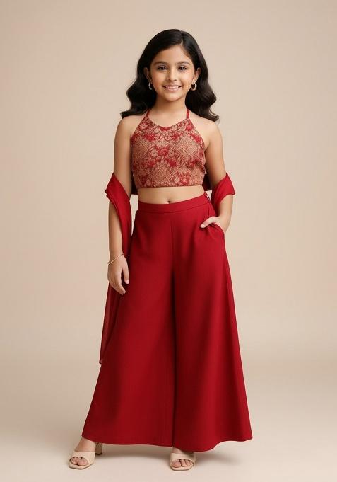 Red Georgette Embroidered Fusion Set For Girls