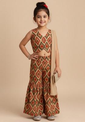 Multi Color Rayon Figure Print Fusion Set For Girls