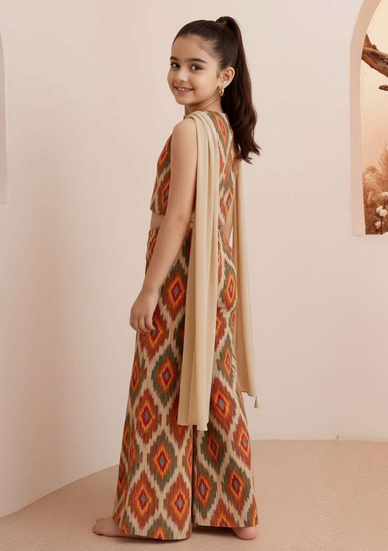 Multi Color Rayon Figure Print Fusion Set For Girls - Indya