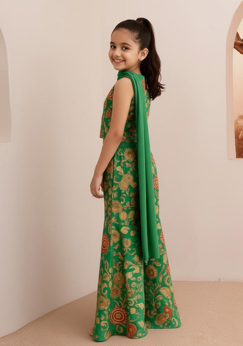 Multi Color Rayon Floral Print Fusion Set For Girls