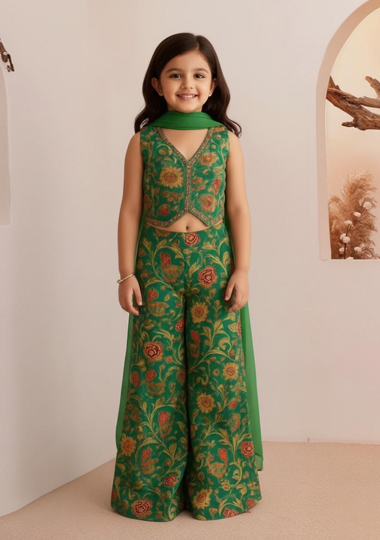 Multi Color Rayon Floral Print Fusion Set For Girls - Indya