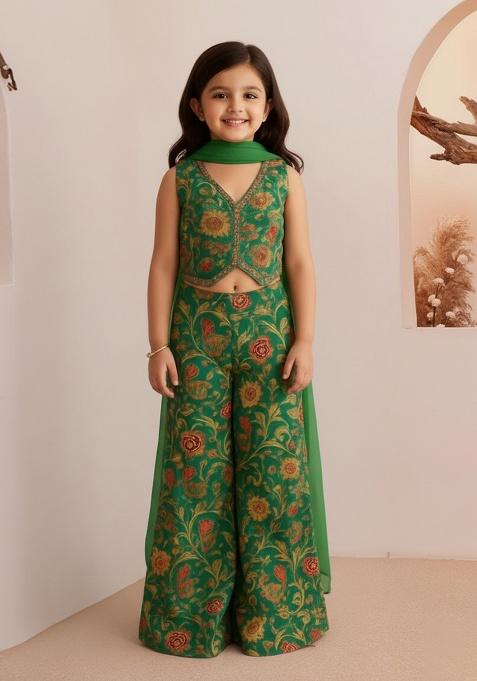 Multi Color Rayon Floral Print Fusion Set For Girls