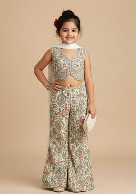 Multi Color Rayon Floral Print Fusion Set For Girls