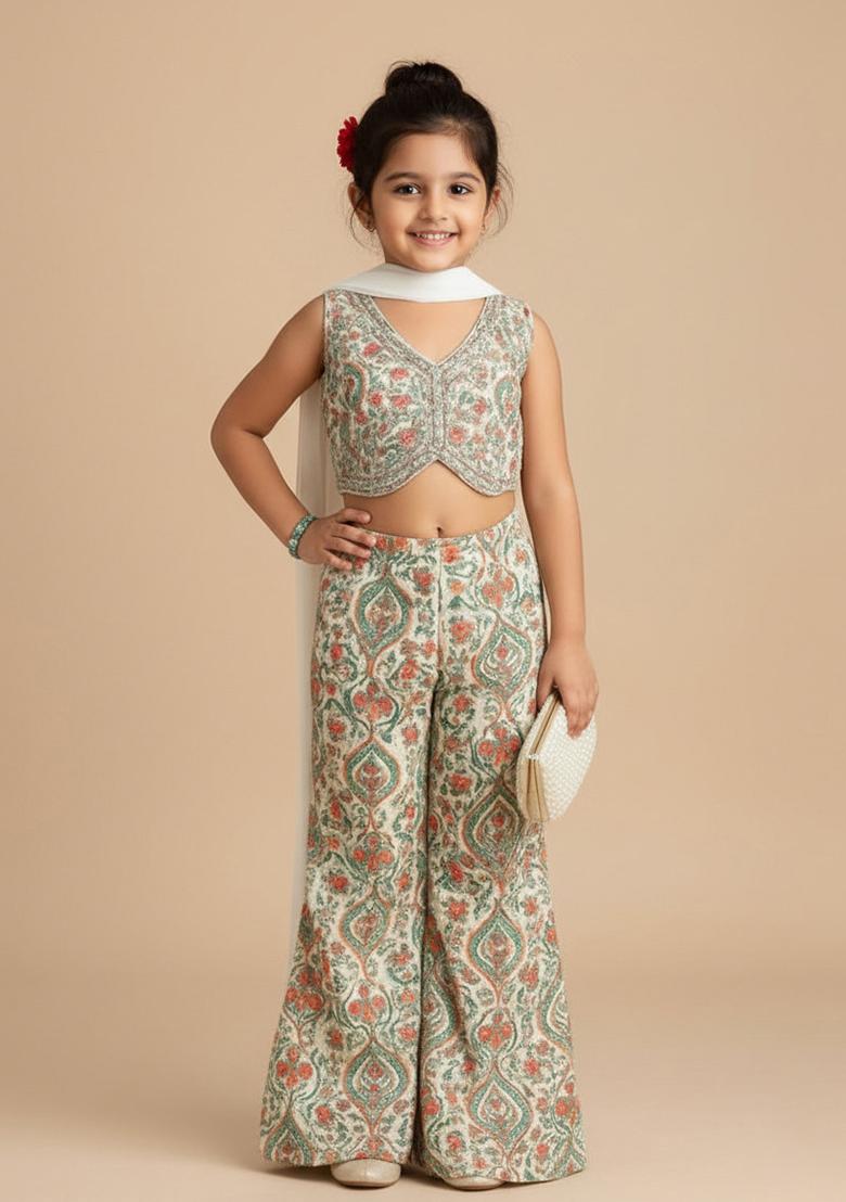 Multi Color Rayon Floral Print Fusion Set For Girls