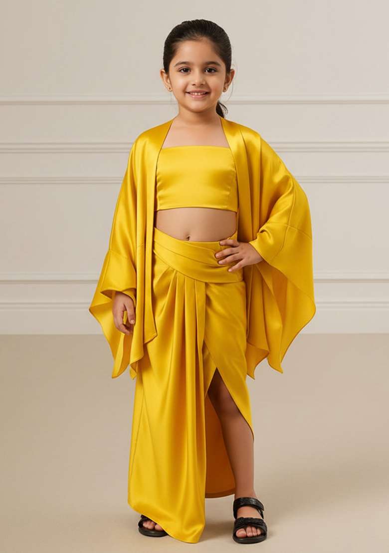 Yellow Tissue Solid Fusion Set For Girls - Indya