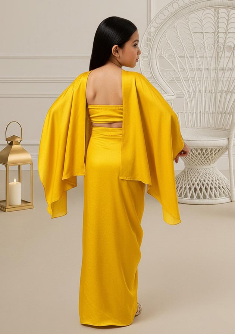 Yellow Tissue Solid Fusion Set For Girls - Indya