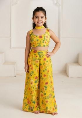 Yellow Georgette Floral Print Fusion Set For Girls