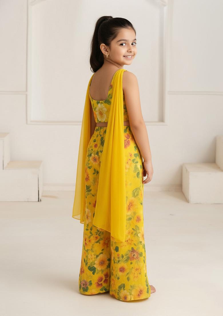 Yellow Georgette Floral Print Fusion Set For Girls - Indya