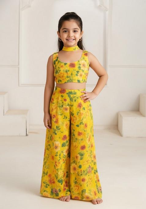 Yellow Georgette Floral Print Fusion Set For Girls