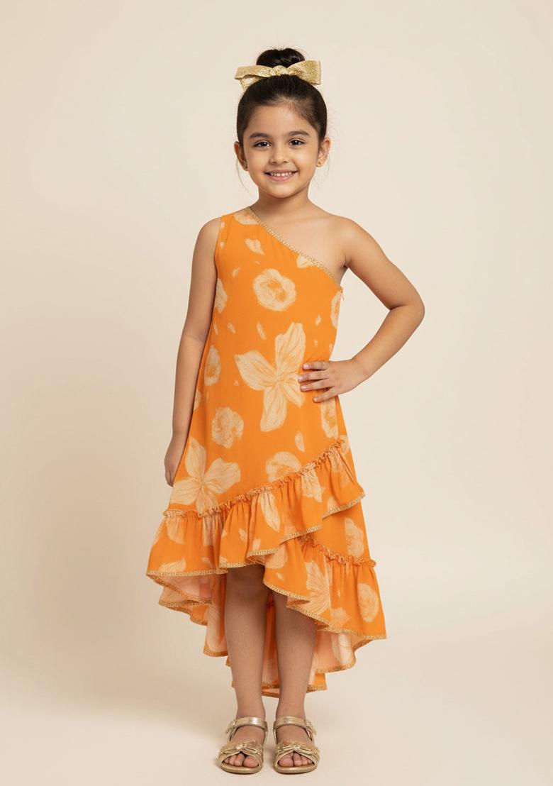 Orange Georgette Floral Print Dress For Girls
